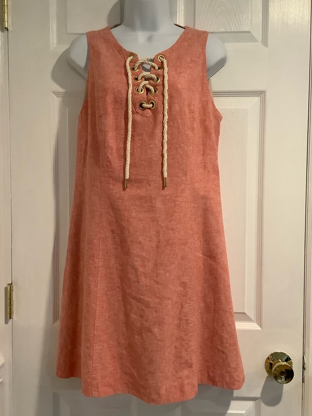 KENSIE Pink Linen/Cotton Lace Up Nautical Coastal Beach Summer Shift Dress L